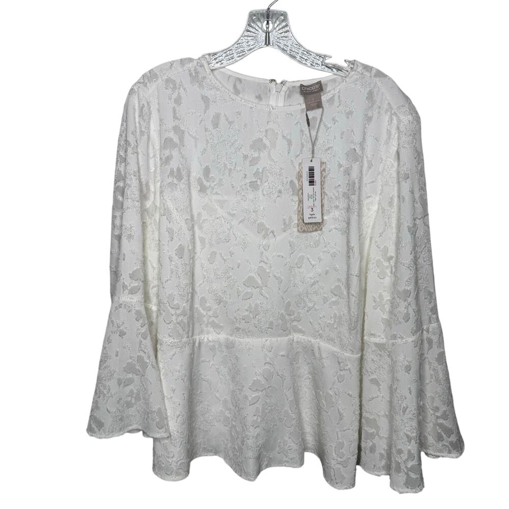 Chico’s Black Label Lace Top 3 XL 16/18 White Bell‎ Sleeve Peplum NWT $149